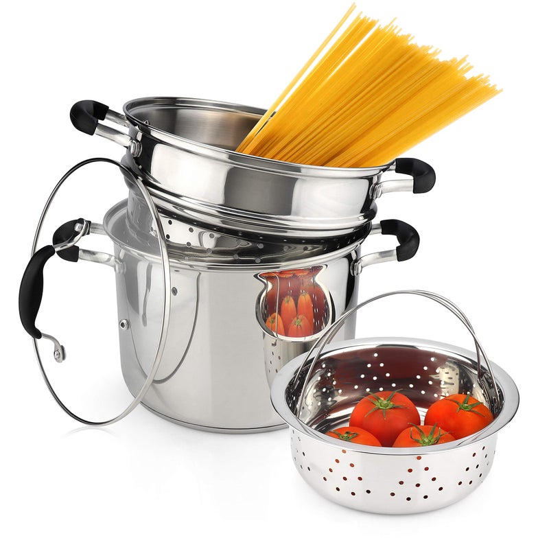 AVACRAFT 18/10 Stainless Steel, 4 Piece Pasta Pot with Strainer Insert, Stock Pot with Steamer Basket and Pasta Pot Insert, Pasta Cooker Set with Glass Lid, 7 Quart - Image 1